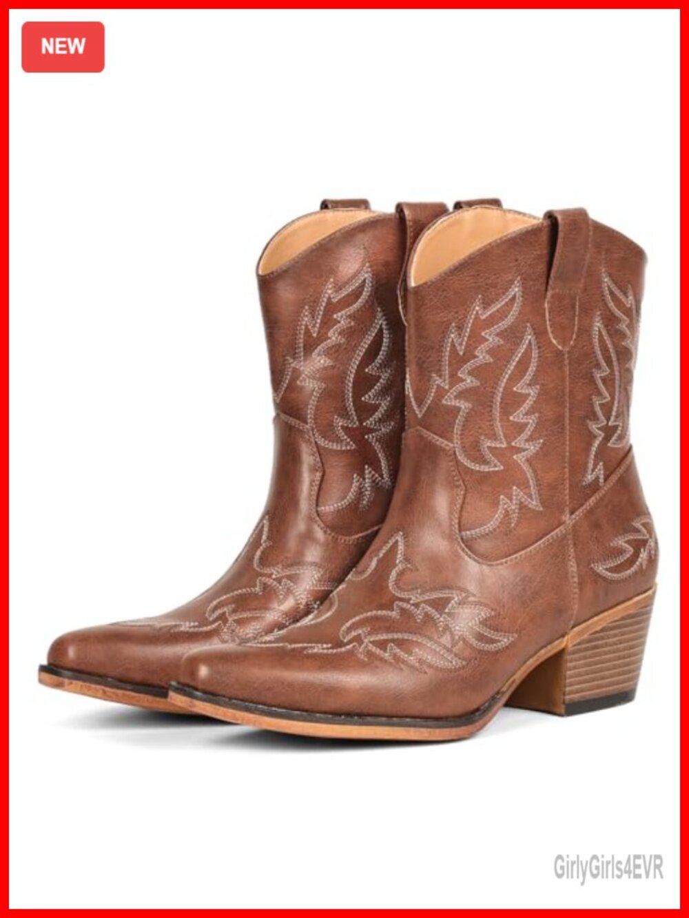 IUV Women's Ankle Cowgirl Boots Embroidered Pointed Toe Chunky Heel Pull-On